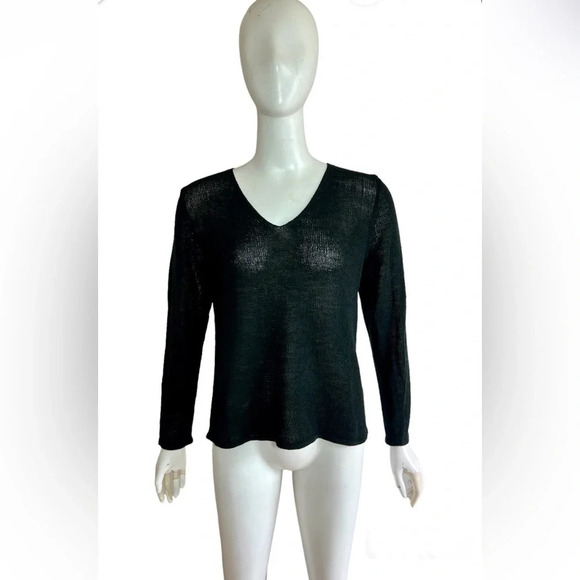 Eileen Fisher Jumper Sweater S Black Fine 100% Wool Knit Sheer V-Neck - Picture 1 of 6